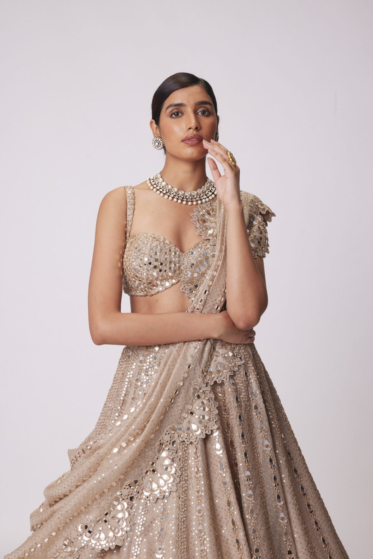 Light Beige Sequin Embroidered Lehenga Set- Ready to ship