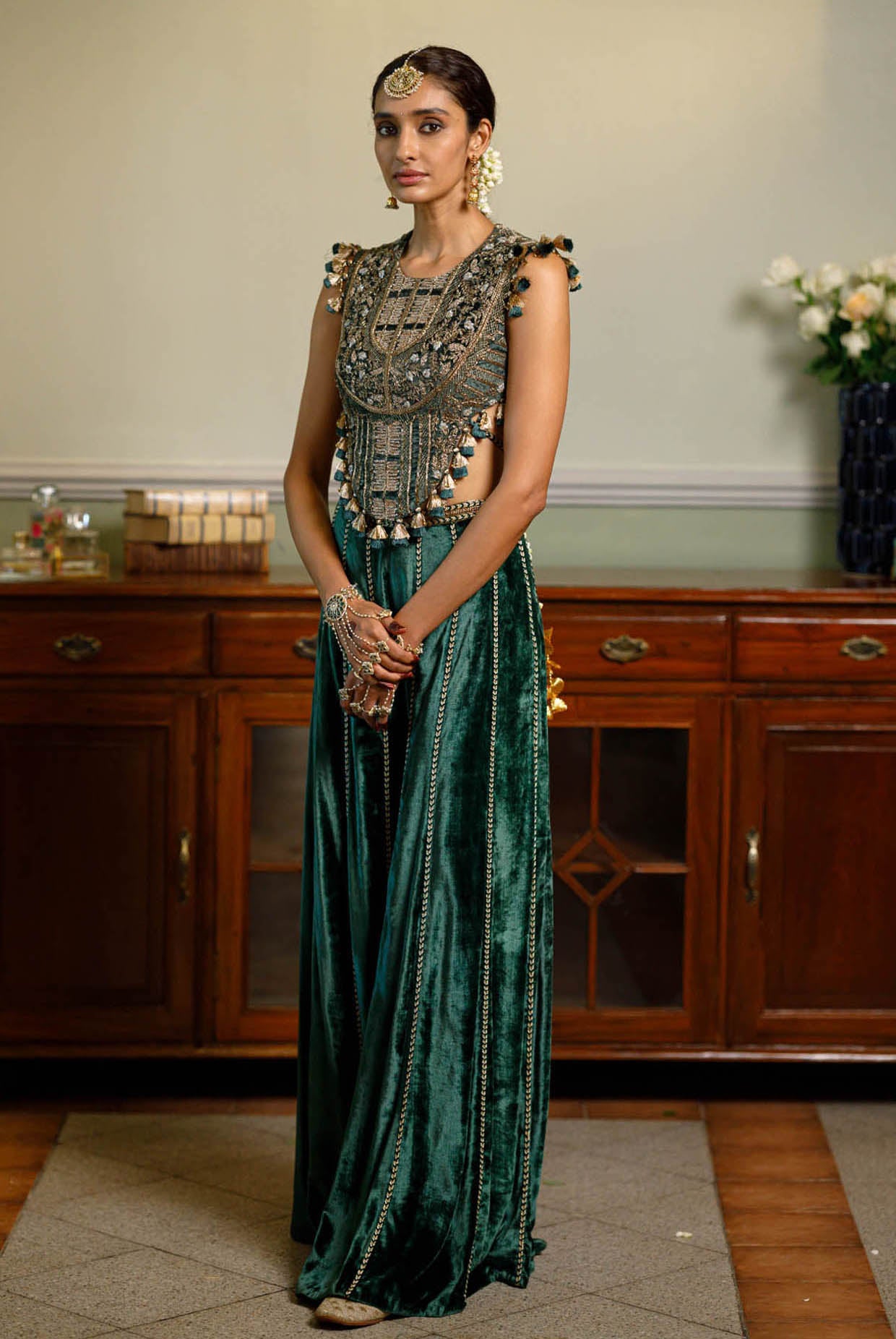 Benazir Emerald Green Embroidered Back Tie-Up Choli And Sharara Pant