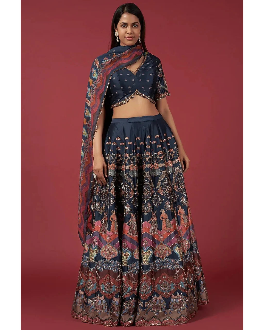 Navy Blue Taffeta Embroidered Lehenga Set