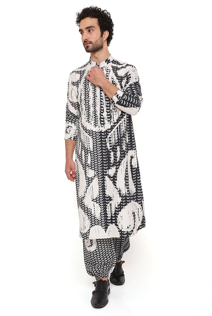 BLACK AND WHITE UZBEC PRINT DUPION SILK BOMBER KURTA WITH JOGGER PANT