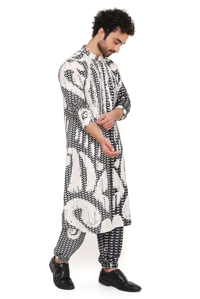 BLACK AND WHITE UZBEC PRINT DUPION SILK BOMBER KURTA WITH JOGGER PANT