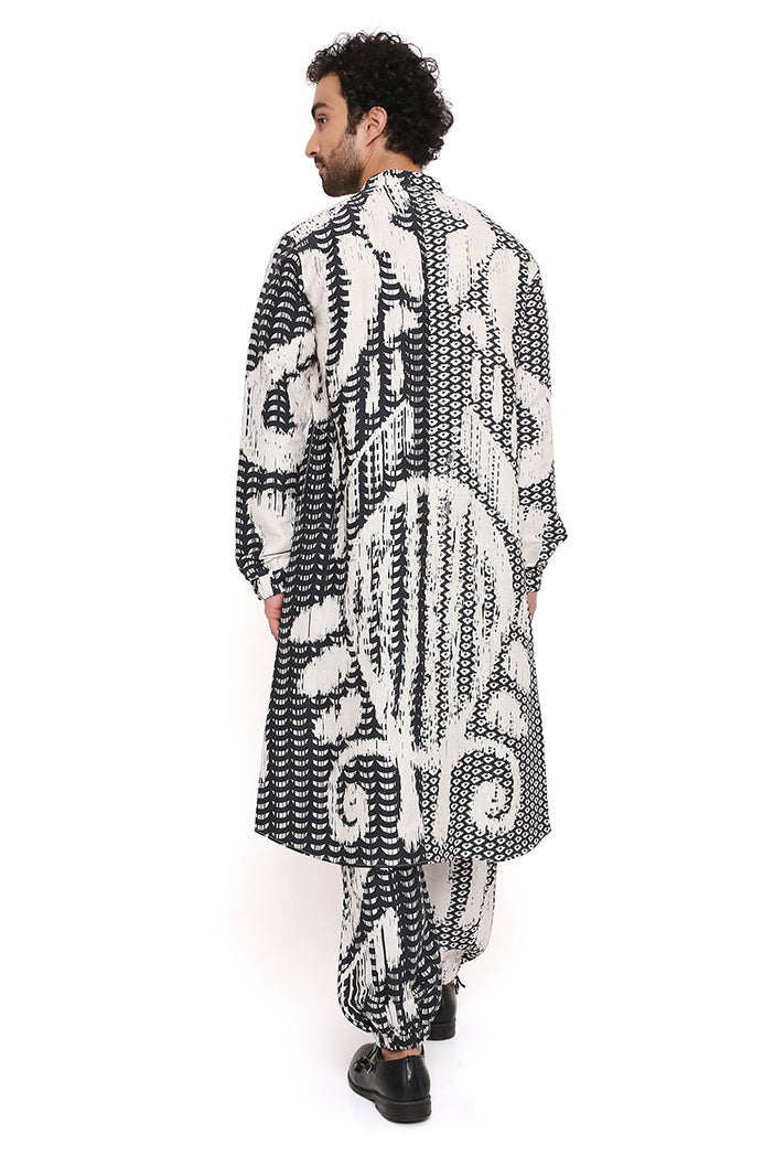 BLACK AND WHITE UZBEC PRINT DUPION SILK BOMBER KURTA WITH JOGGER PANT