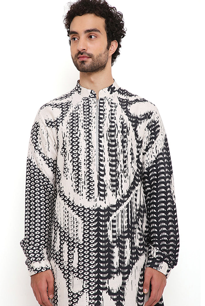 BLACK AND WHITE UZBEC PRINT DUPION SILK BOMBER KURTA WITH JOGGER PANT