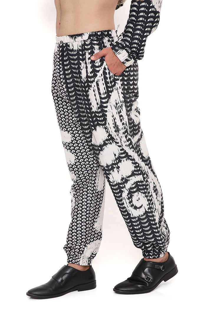 BLACK AND WHITE UZBEC PRINT DUPION SILK BOMBER KURTA WITH JOGGER PANT