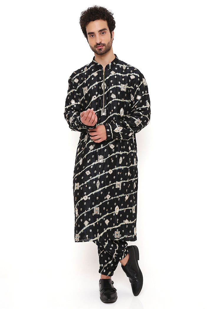 BLACK LEHERIYA BANDHANI SILK EMBROIDERED BOMBER KURTA WITH JOGGER PANT