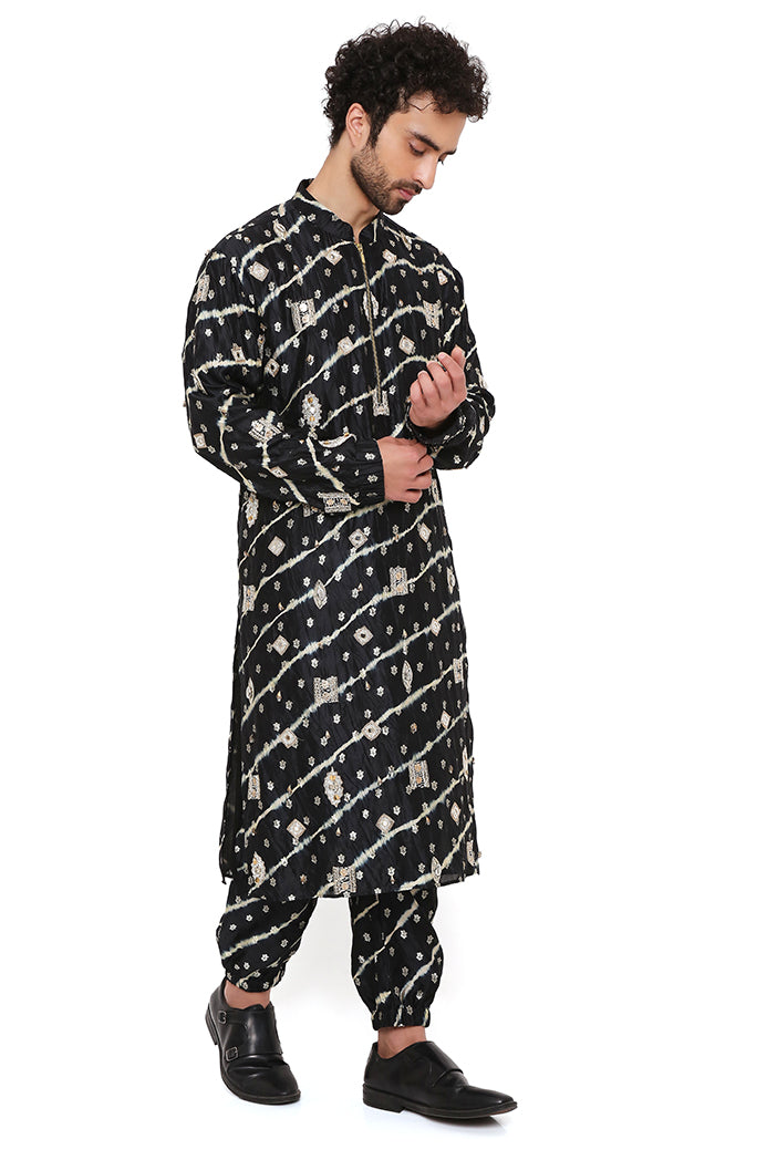 BLACK LEHERIYA BANDHANI SILK EMBROIDERED BOMBER KURTA WITH JOGGER PANT