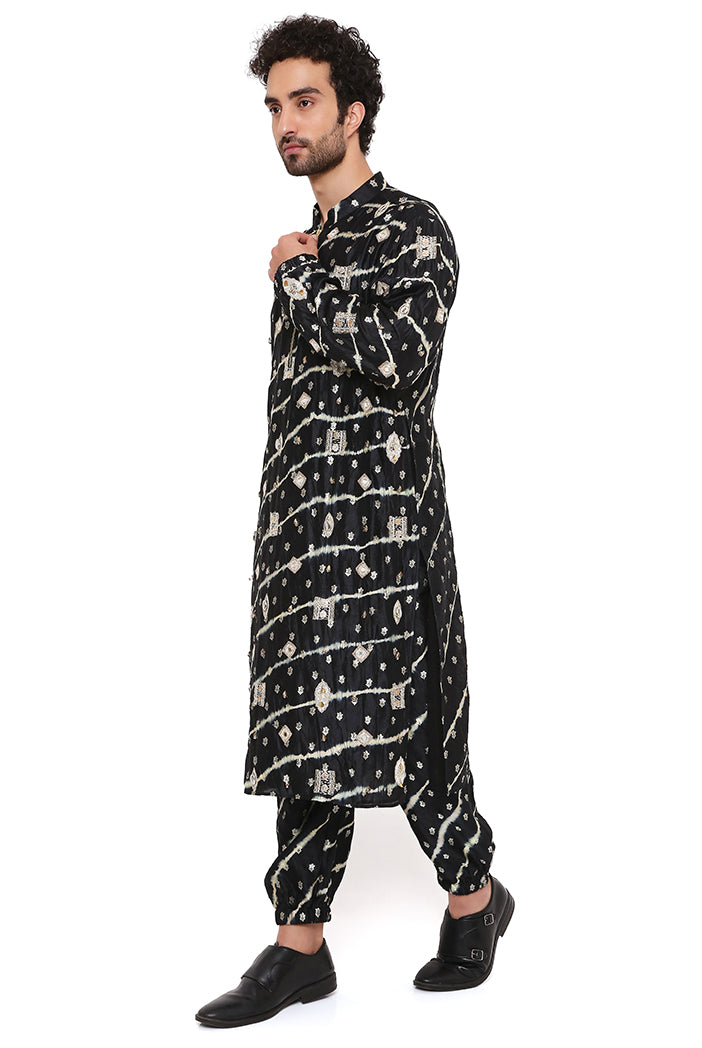 BLACK LEHERIYA BANDHANI SILK EMBROIDERED BOMBER KURTA WITH JOGGER PANT
