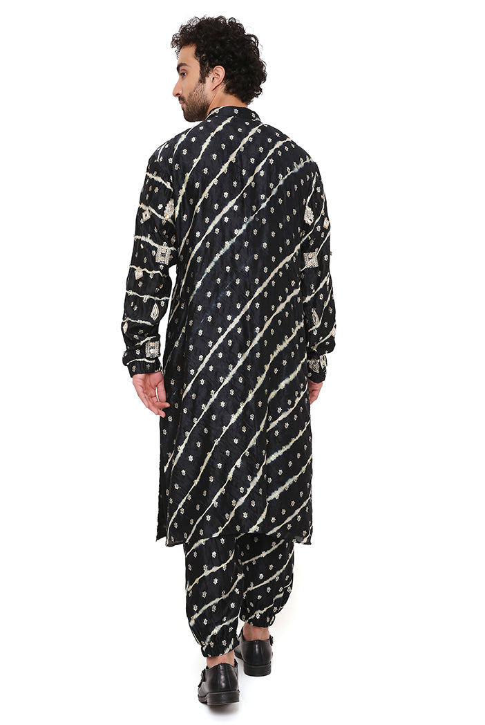 BLACK LEHERIYA BANDHANI SILK EMBROIDERED BOMBER KURTA WITH JOGGER PANT