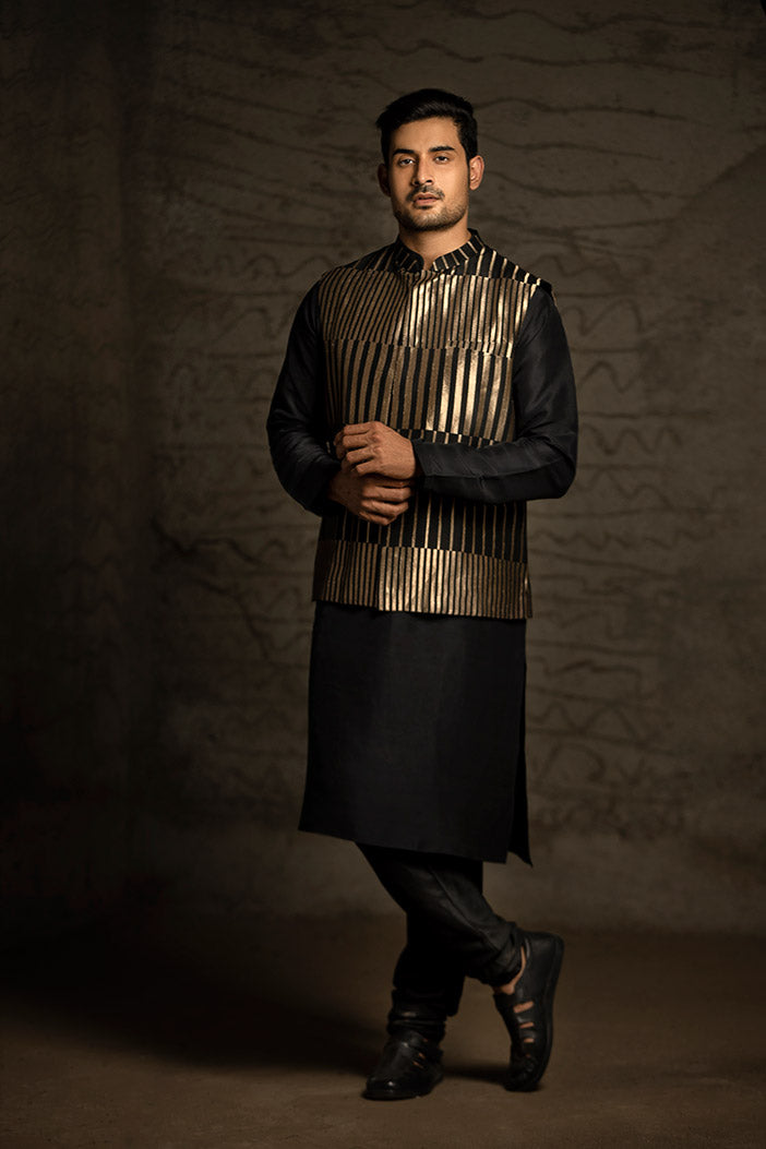 BLACK BROCADE BANDI WITH BLACK SILK KURTA AND COTTON SILK CHURIDAR