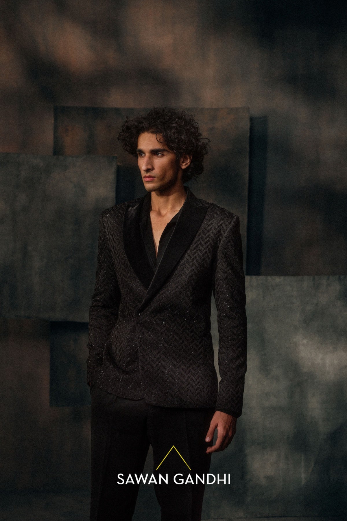 Black Chevron pattern Cutdana Jacket