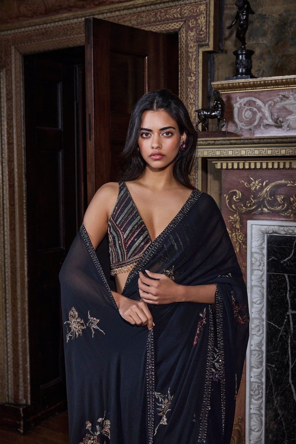 Black Crystal Georgette Saree