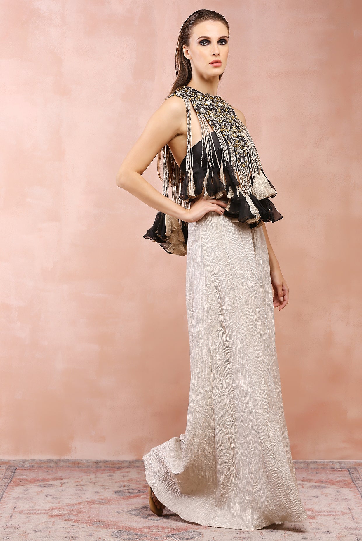 BLACK EMBROIDERED BIB YOKE WITH BUSTIER AND DULL GOLD SHARARA