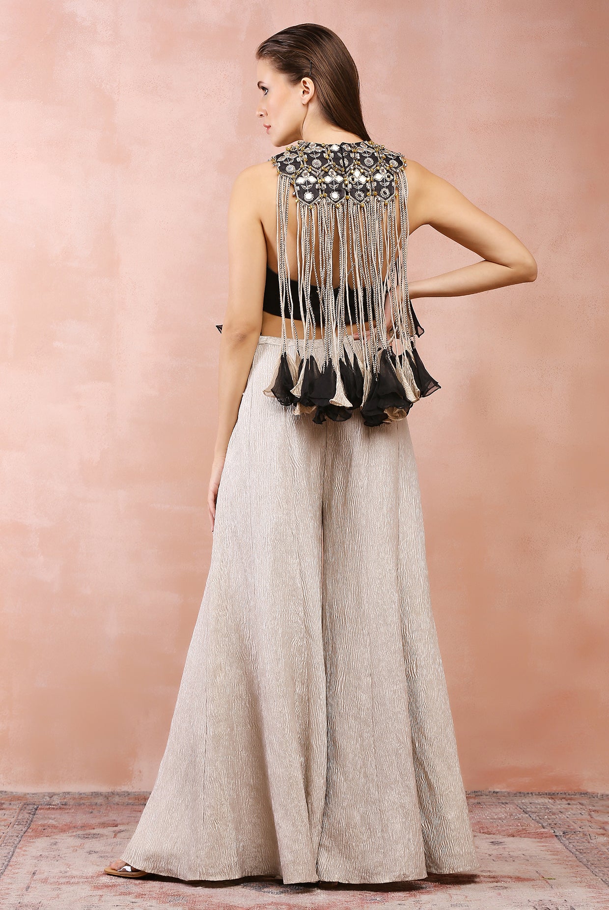 BLACK EMBROIDERED BIB YOKE WITH BUSTIER AND DULL GOLD SHARARA