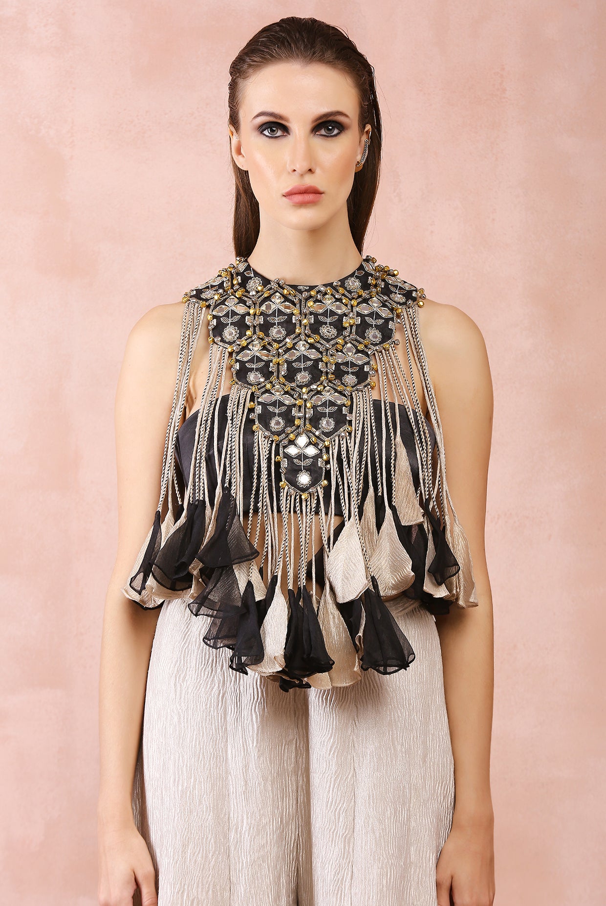 BLACK EMBROIDERED BIB YOKE WITH BUSTIER AND DULL GOLD SHARARA