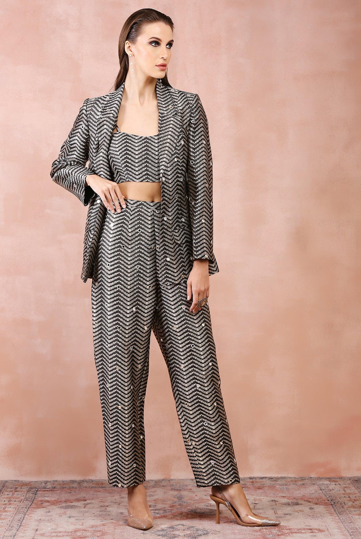 BLACK EMBROIDERED BLAZER WITH BUSTIER AND PANT