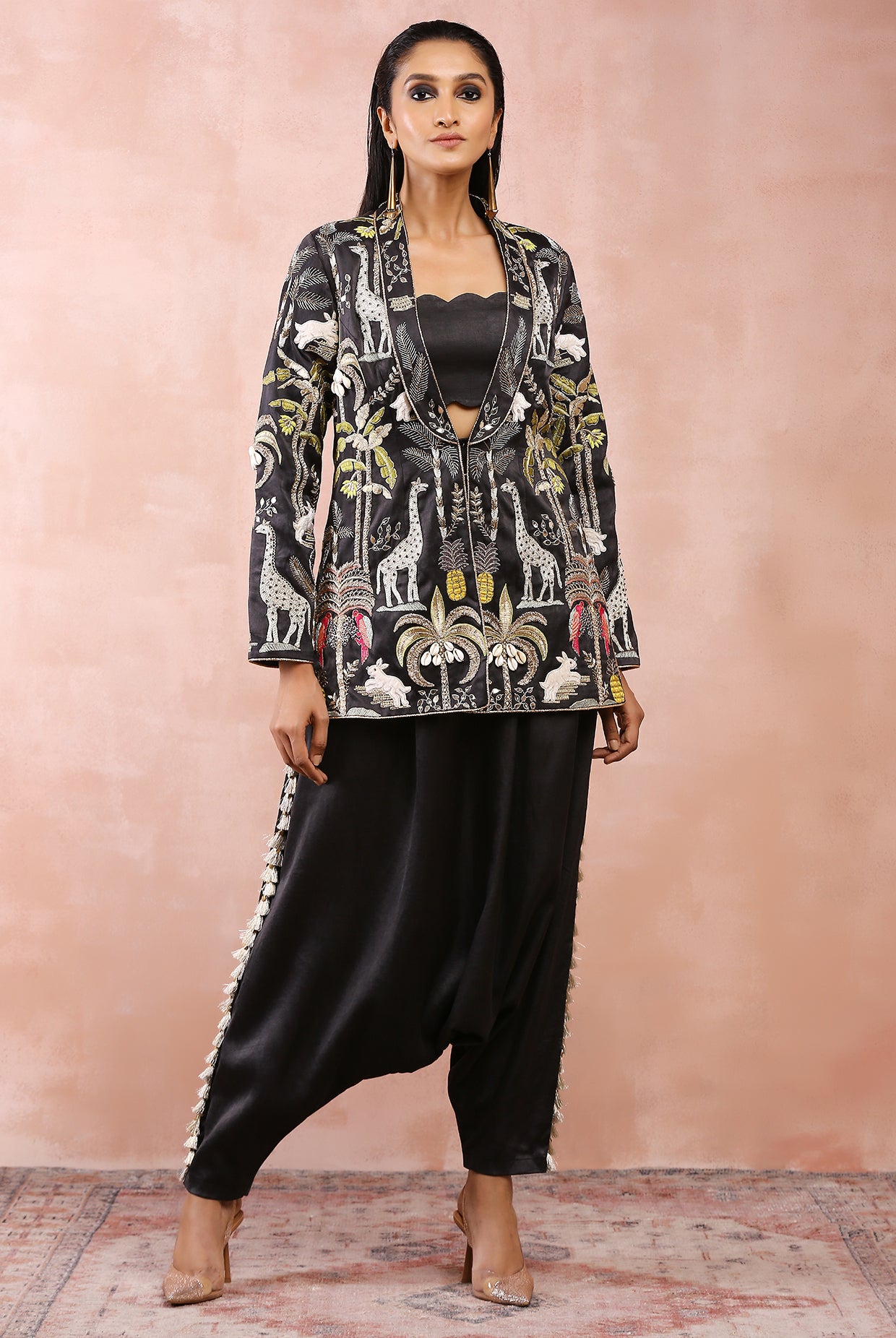 BLACK EMBROIDERED JACKET WITH BUSTIER AND LOW CROTCH PANT
