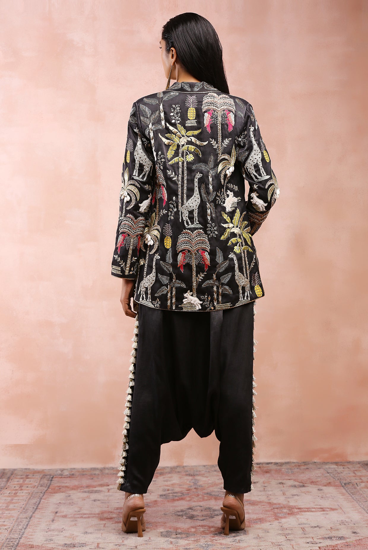 BLACK EMBROIDERED JACKET WITH BUSTIER AND LOW CROTCH PANT