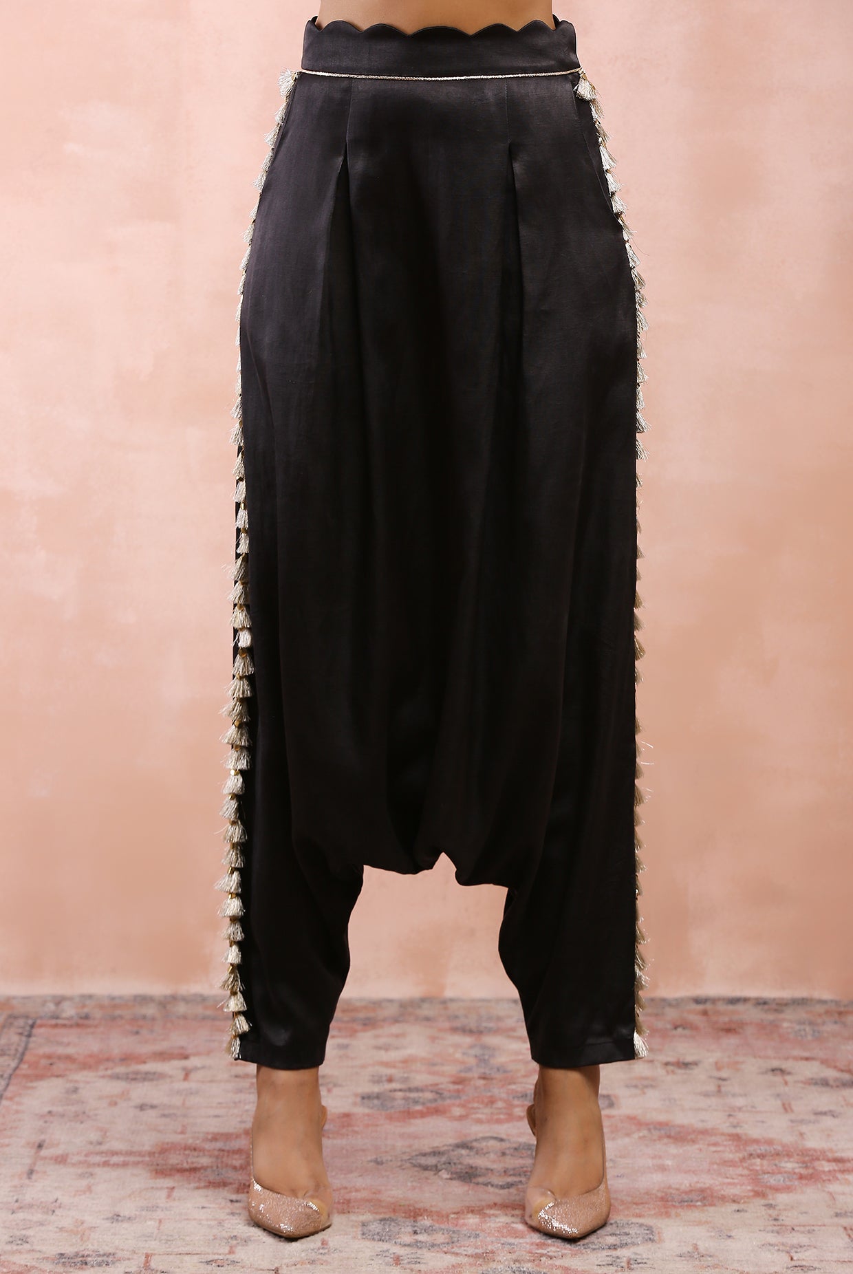 BLACK EMBROIDERED JACKET WITH BUSTIER AND LOW CROTCH PANT