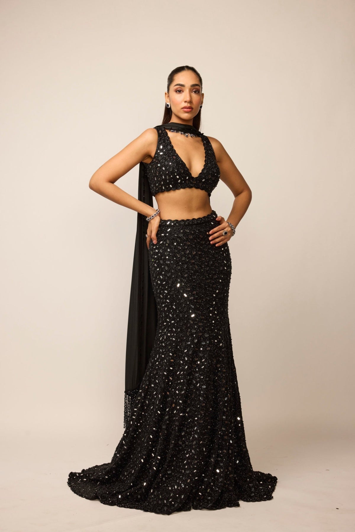 Black Fishcut Lehenga Set