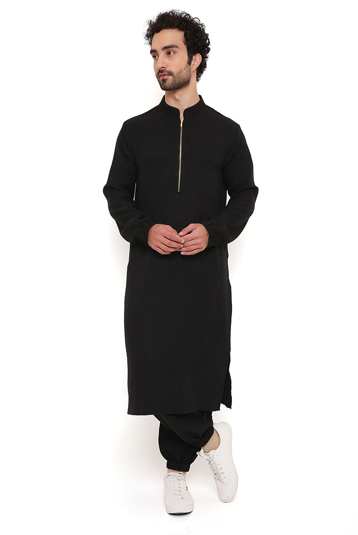 BLACK SOFT LINEN BOMBER KURTA WITH JOGGER PANT