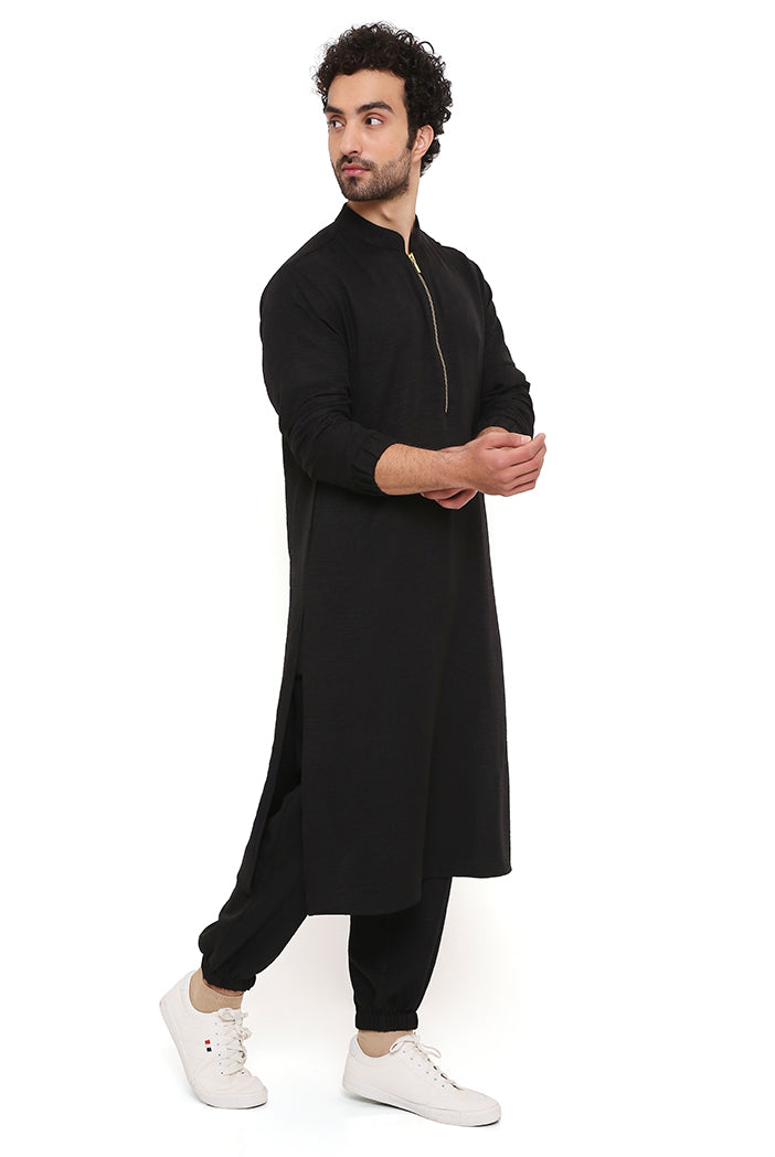BLACK SOFT LINEN BOMBER KURTA WITH JOGGER PANT
