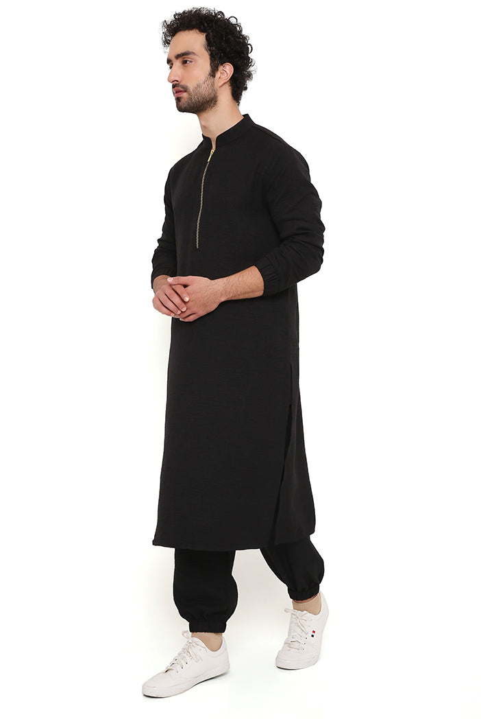 BLACK SOFT LINEN BOMBER KURTA WITH JOGGER PANT