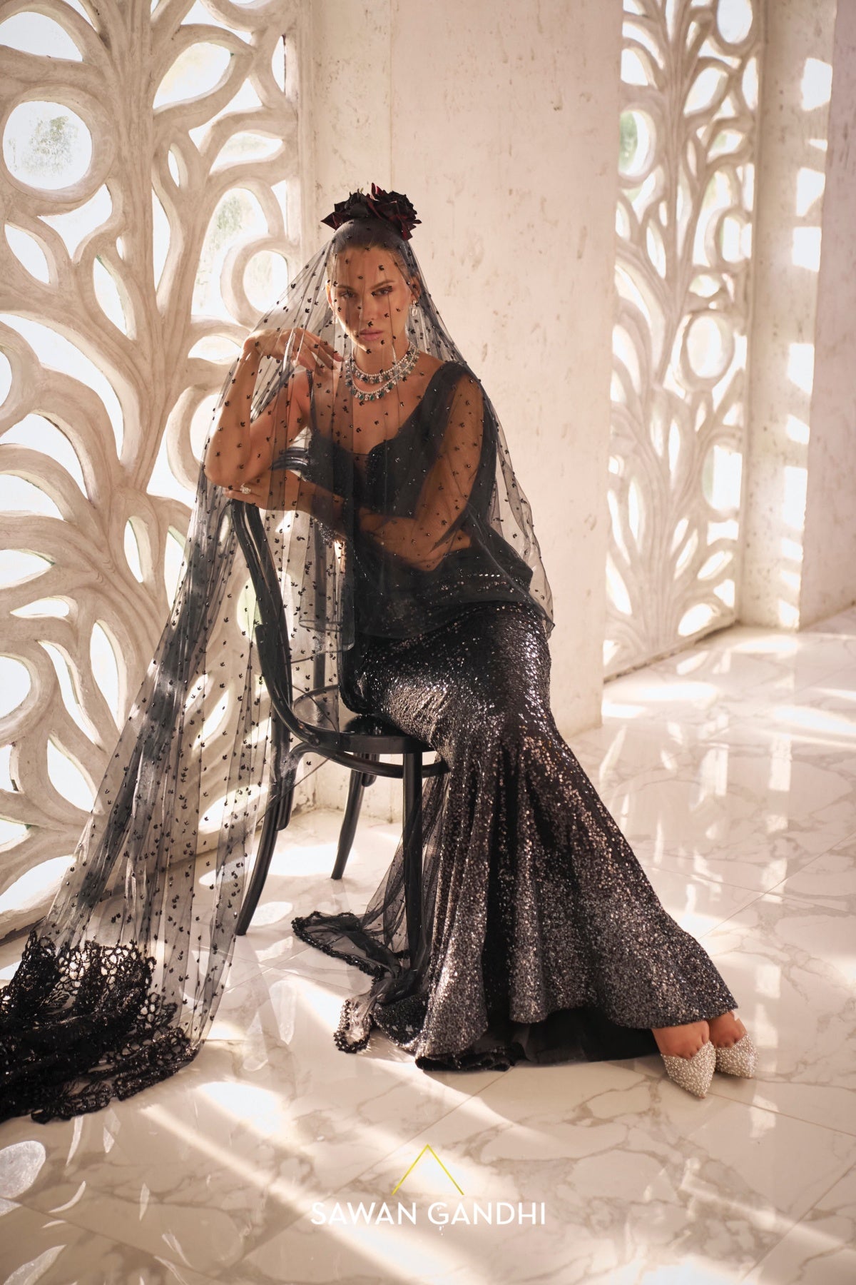 Black to grey sequins drape saree