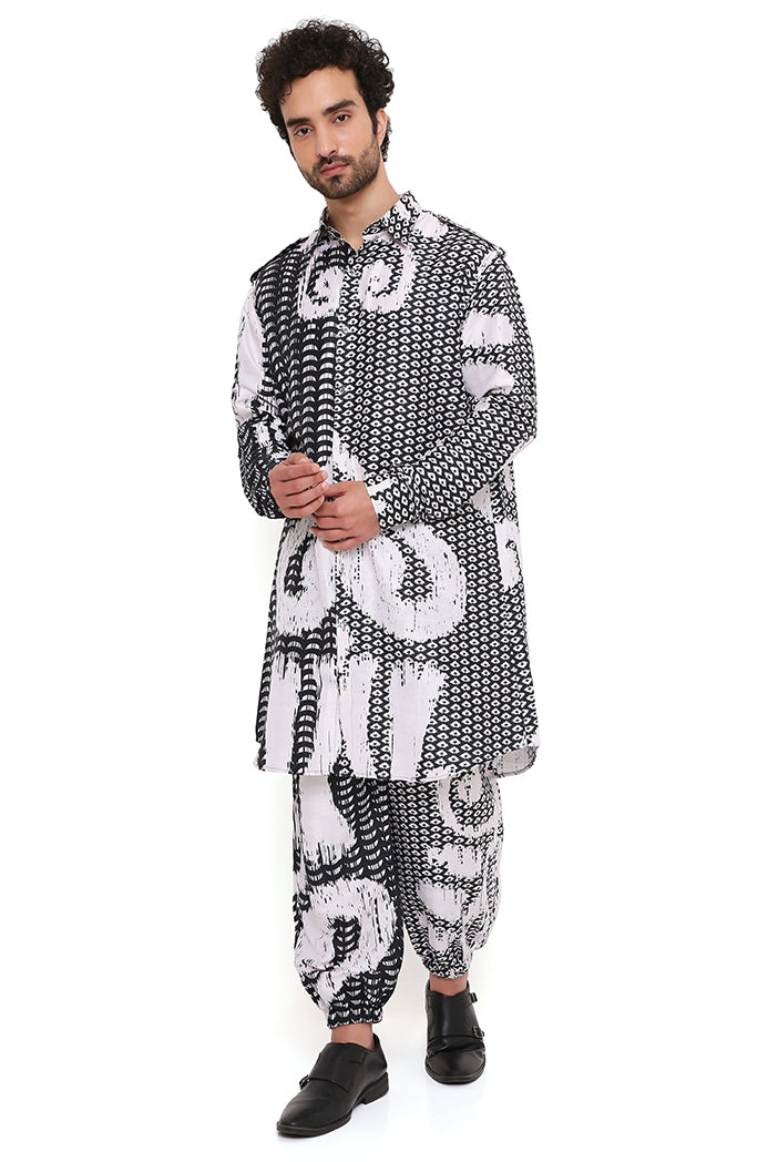 BLACK AND WHITE UZBEC PRINT DUPION SILK PATHANI KURTA WITH JOGGER PANT