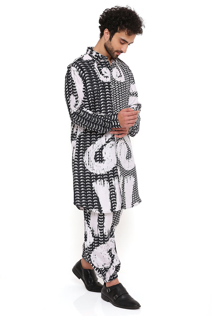 BLACK AND WHITE UZBEC PRINT DUPION SILK PATHANI KURTA WITH JOGGER PANT