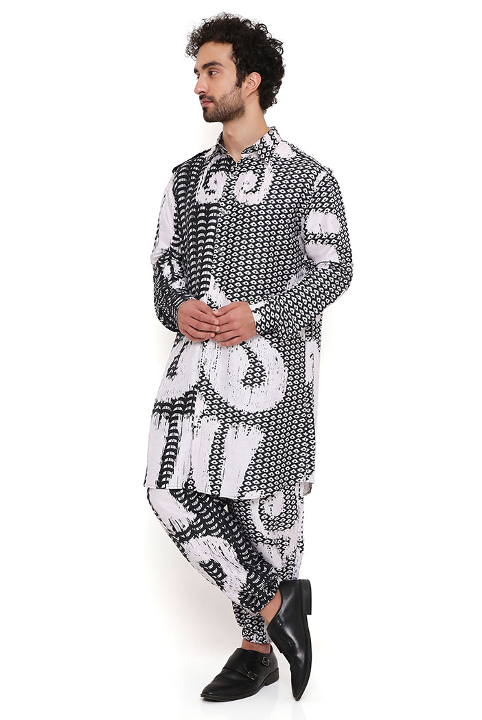 BLACK AND WHITE UZBEC PRINT DUPION SILK PATHANI KURTA WITH JOGGER PANT