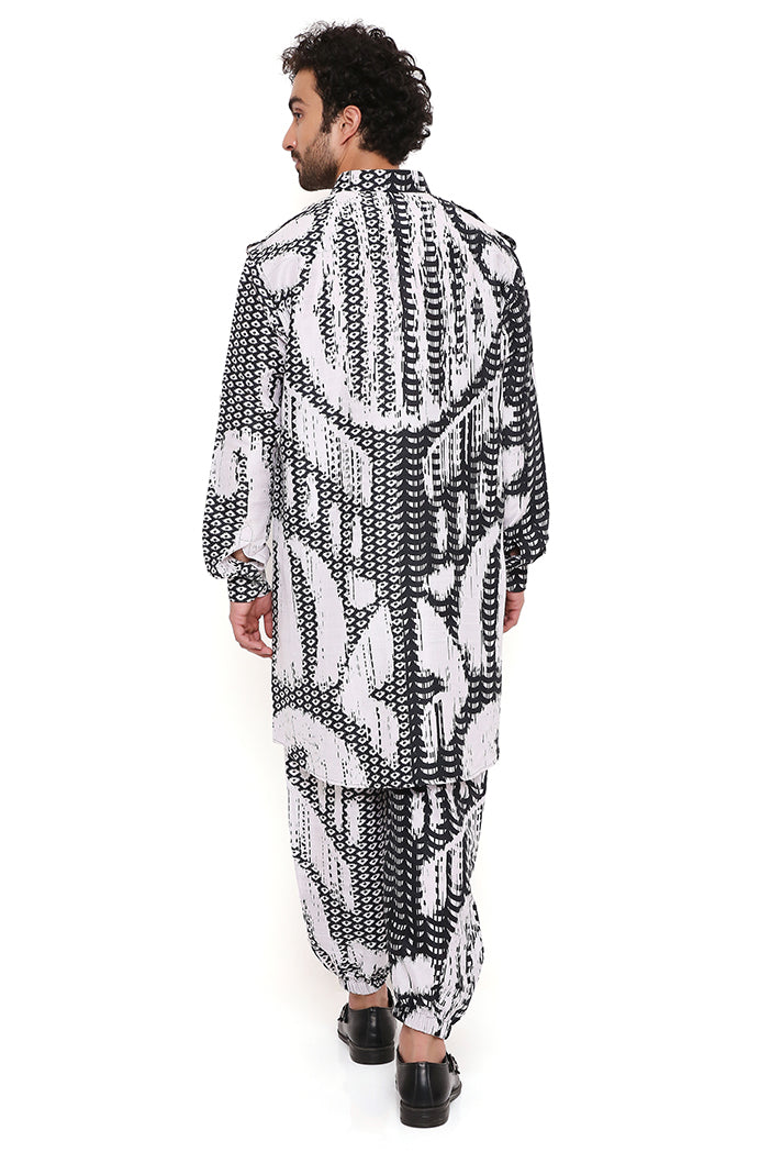 BLACK AND WHITE UZBEC PRINT DUPION SILK PATHANI KURTA WITH JOGGER PANT