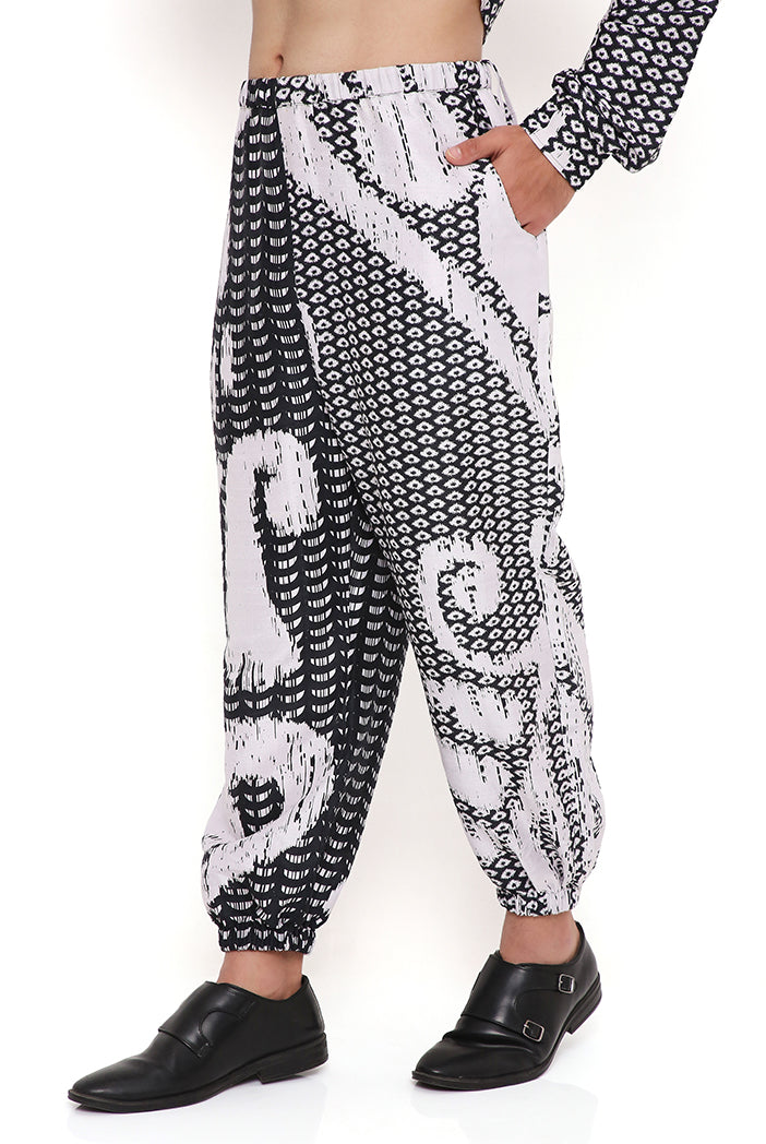BLACK AND WHITE UZBEC PRINT DUPION SILK PATHANI KURTA WITH JOGGER PANT