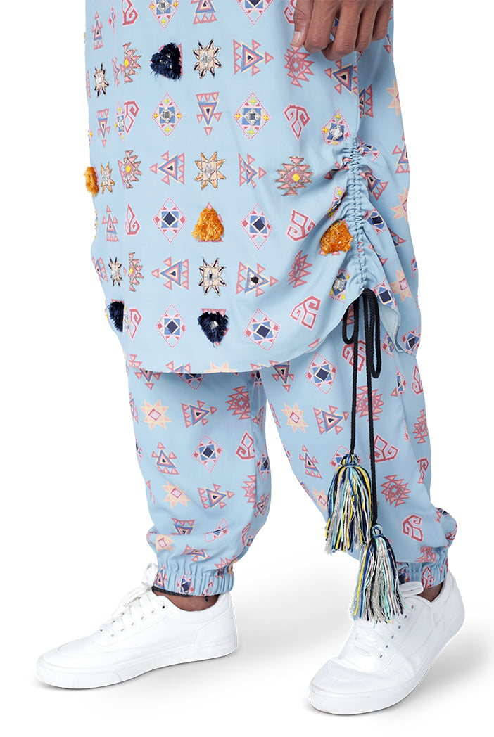 BLUE COLOUR PRINTED ART CREPE KURTA WITH JOGGER PANT