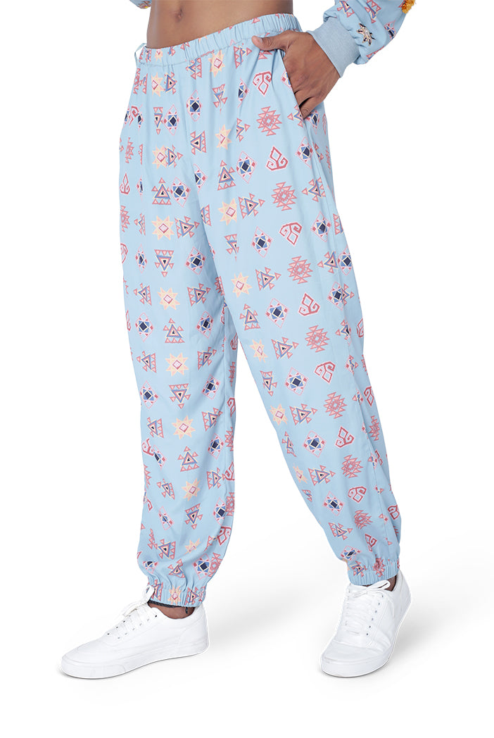 BLUE COLOUR PRINTED ART CREPE KURTA WITH JOGGER PANT