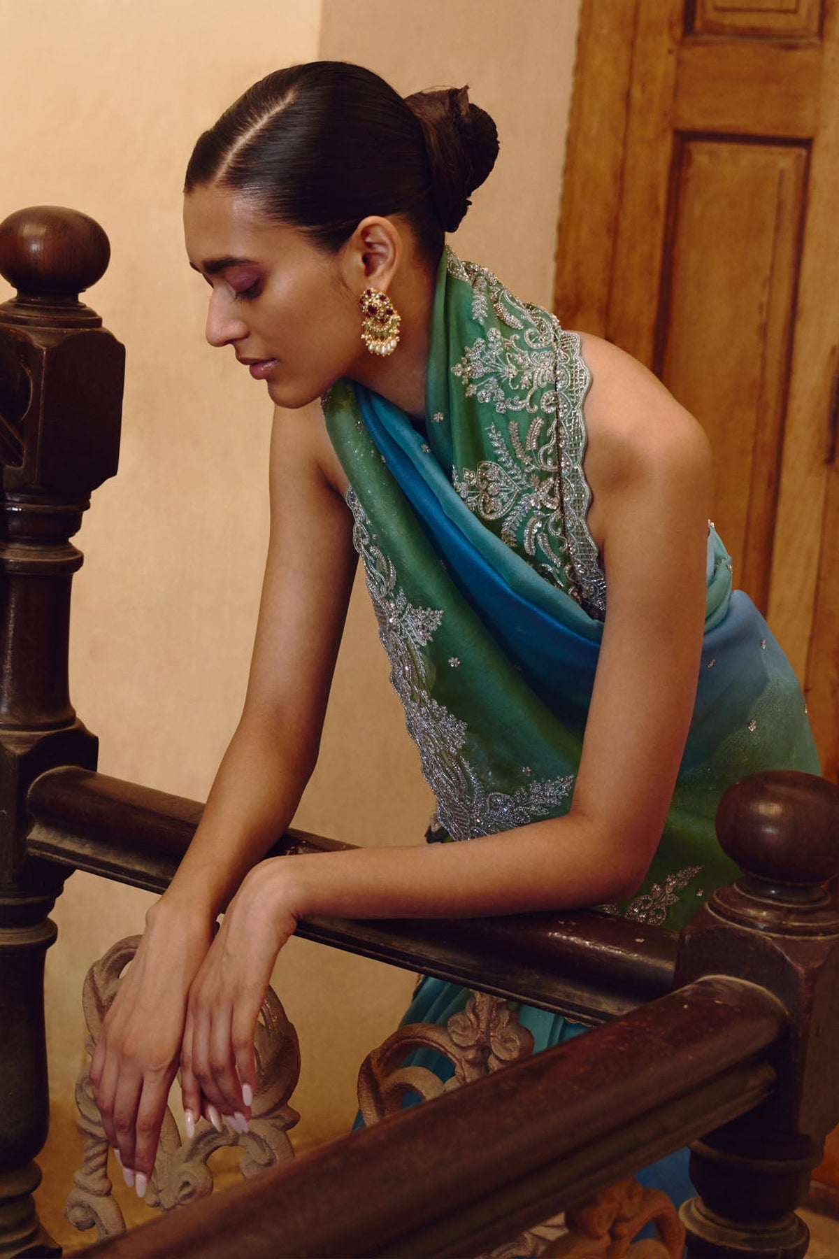 Blue Green Ombre Shar Saree Set