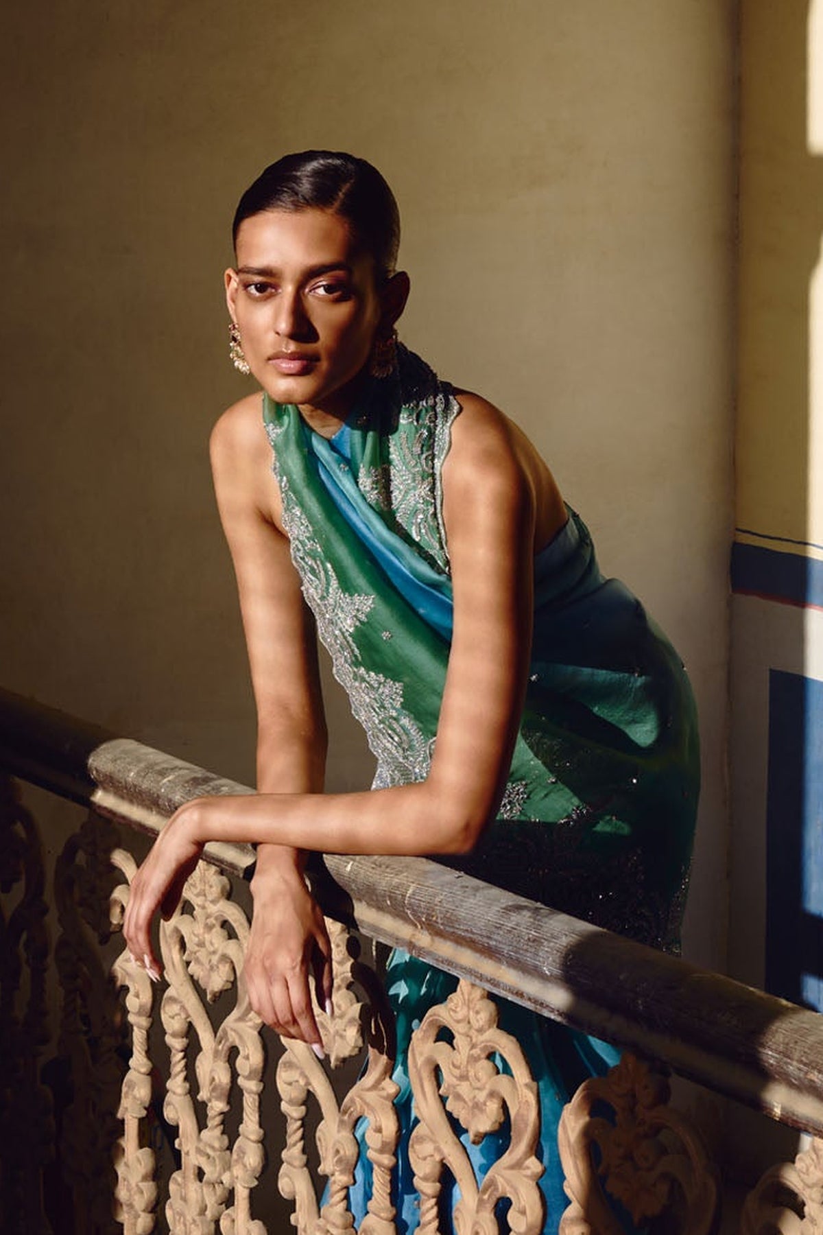 Blue Green Ombre Shar Saree Set