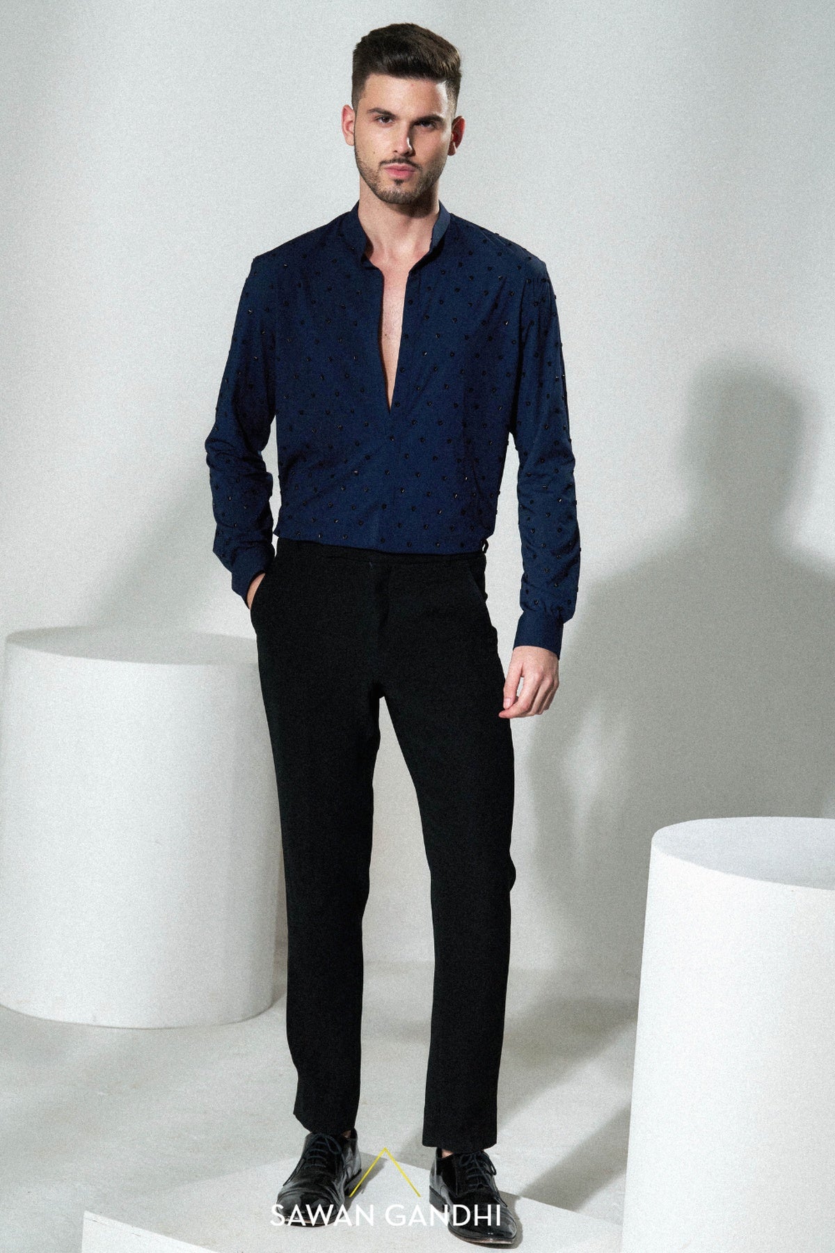 Blue shirt with cutdana details