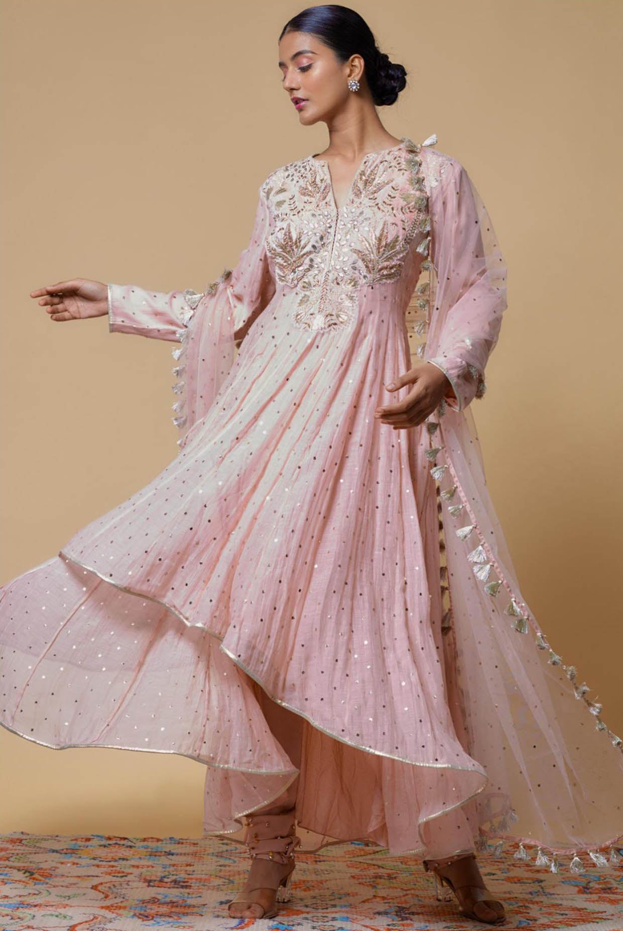 Blush Pink Embroidered Anarkali With Churidar And Dupatta