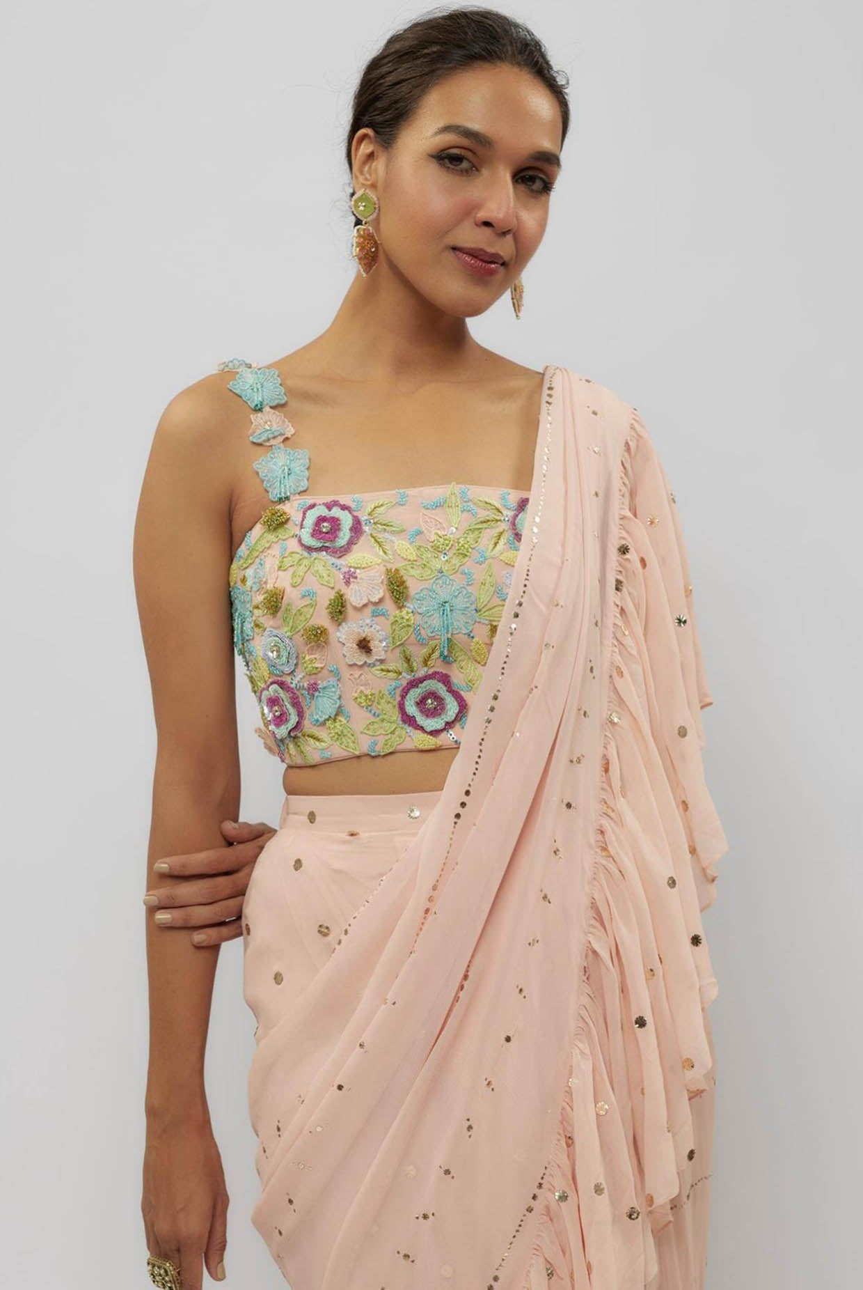 Blush Pink Embroidered Choli With Pre-Stitched Ruffle Saree
