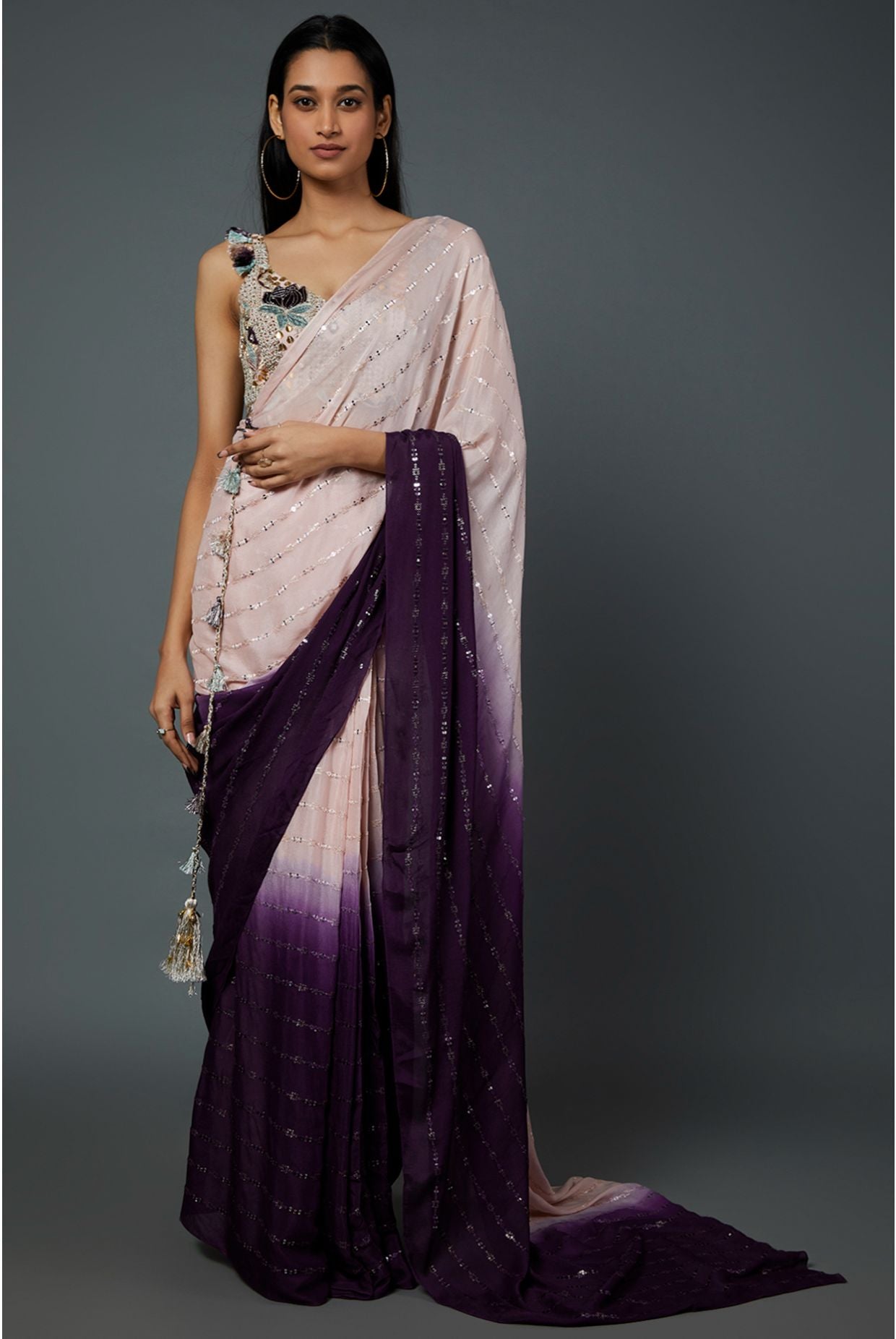 BLUSH PINK GEORGETTE EMBROIDERED CHOLI WITH BLUSH PINK AND PURPLE SHADED SEQUINS GEORGETTE PRE-STICHED SAREE