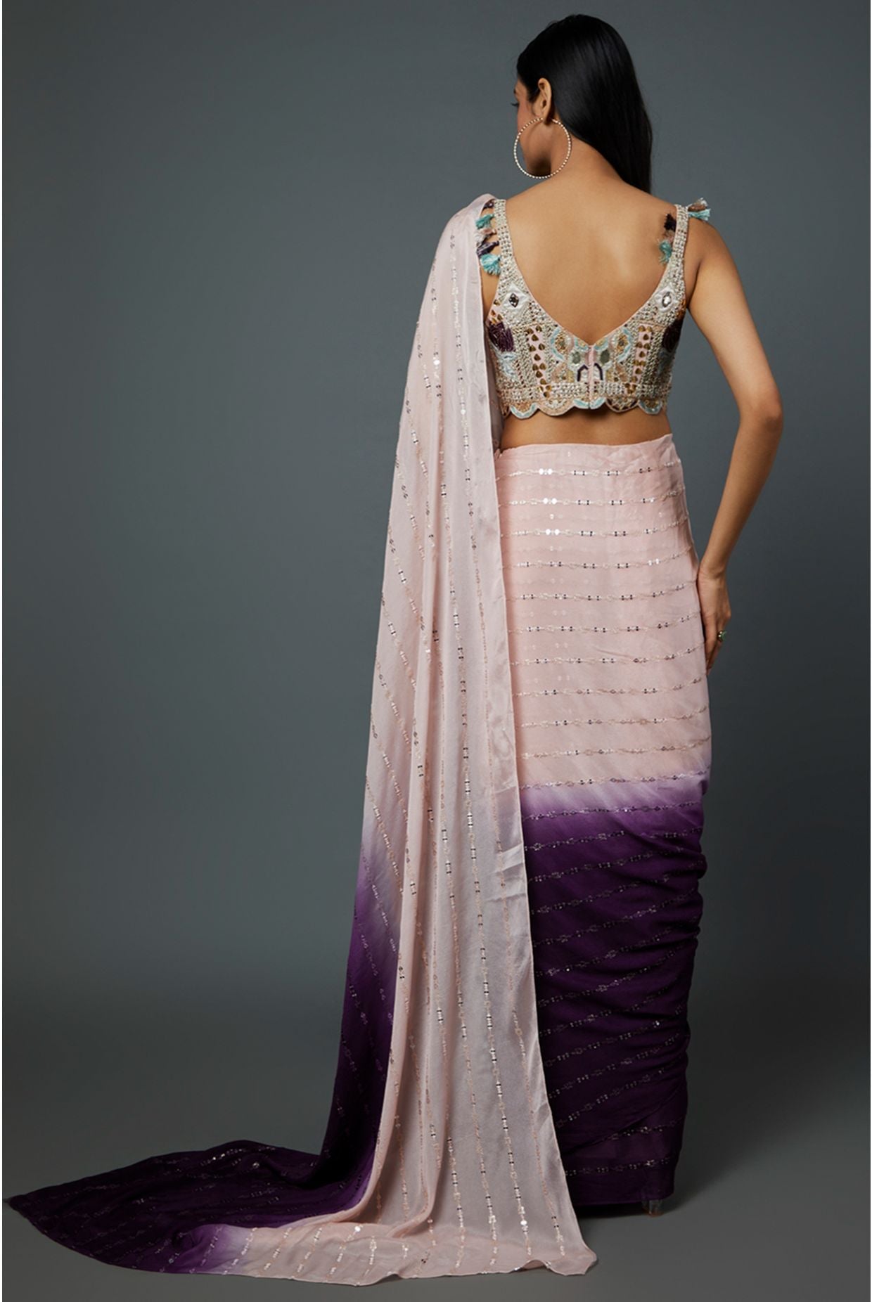 BLUSH PINK GEORGETTE EMBROIDERED CHOLI WITH BLUSH PINK AND PURPLE SHADED SEQUINS GEORGETTE PRE-STICHED SAREE