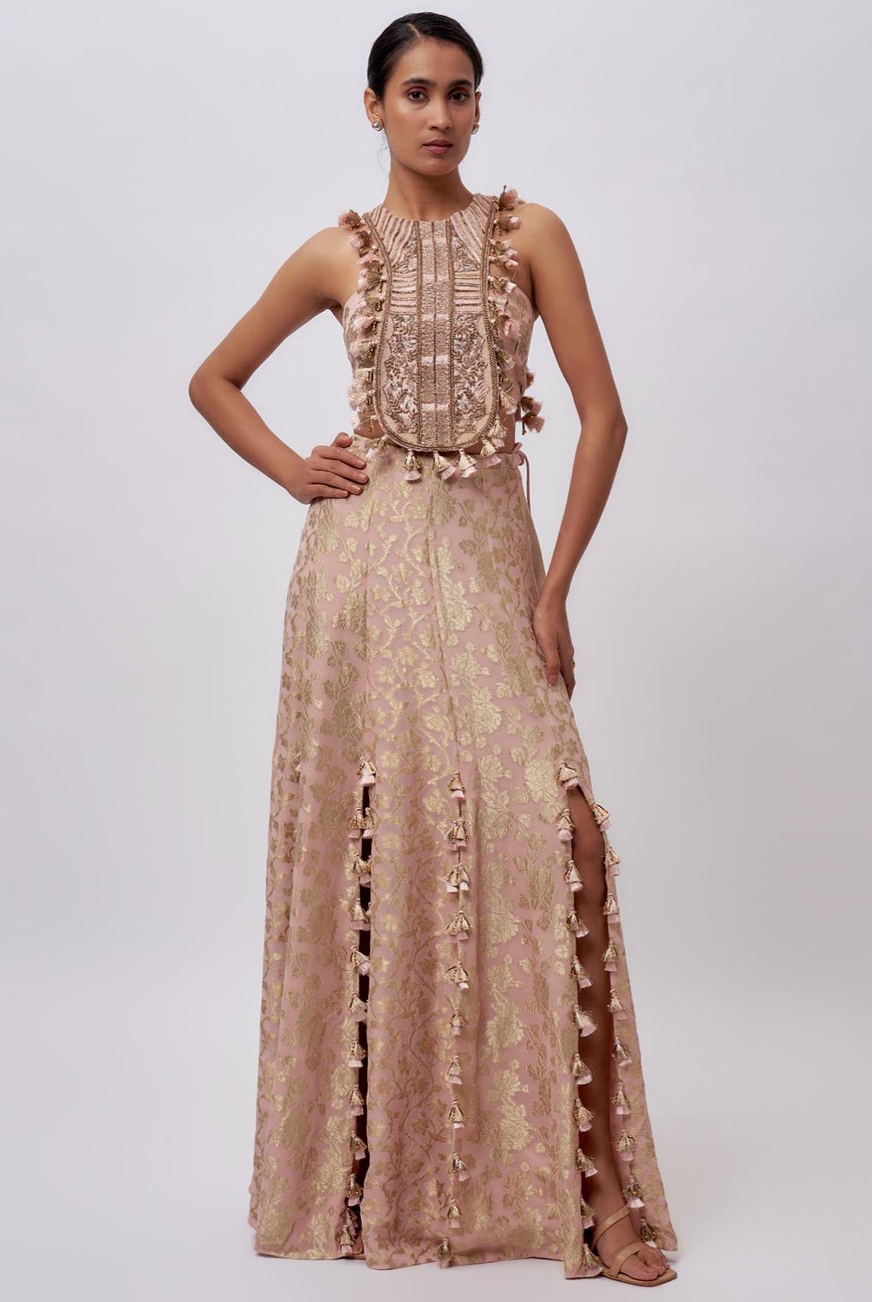 Blush Pink Velvet Embroidered Yoke Bib With Brocade Silk Bustier And Skirt
