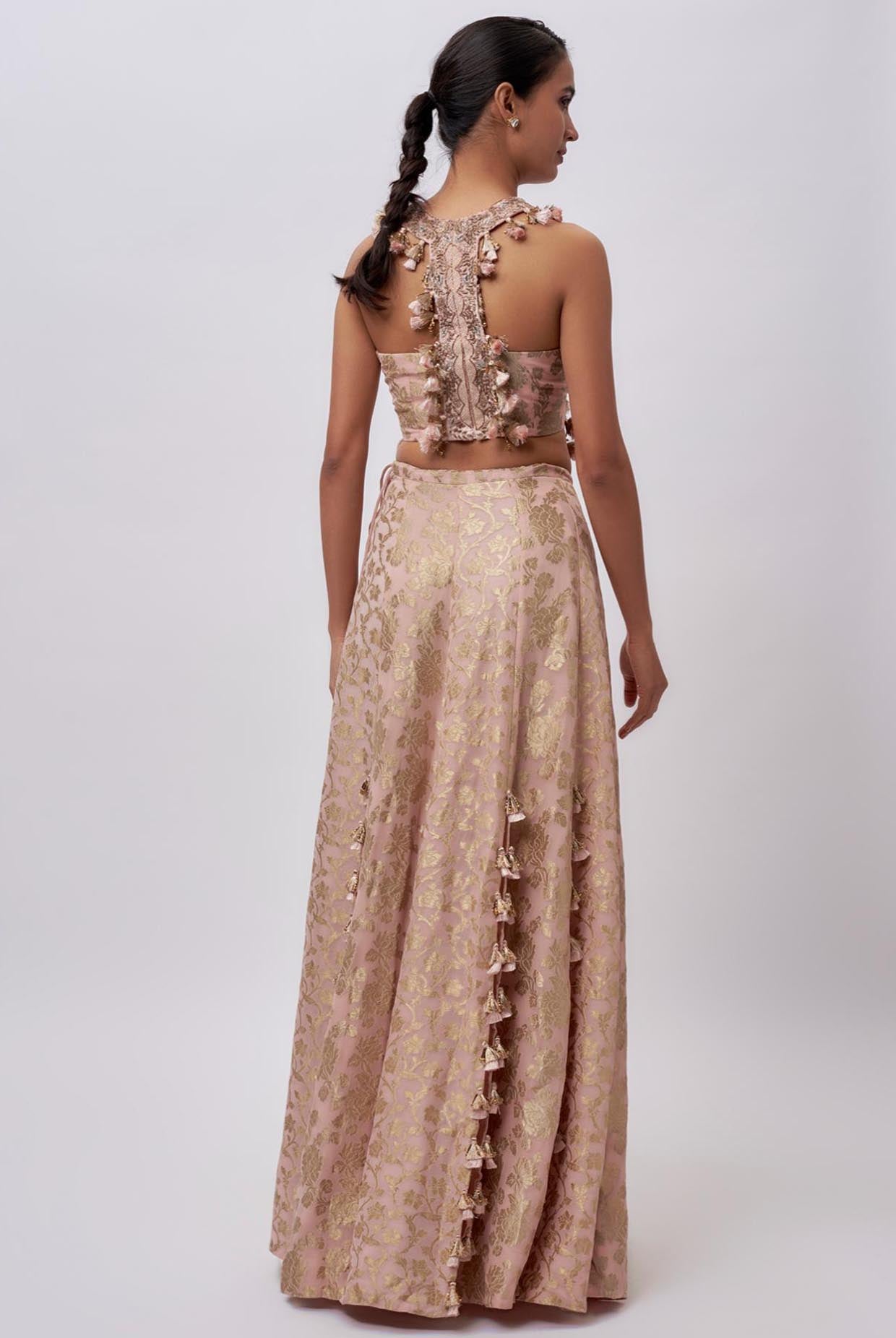 Blush Pink Velvet Embroidered Yoke Bib With Brocade Silk Bustier And Skirt