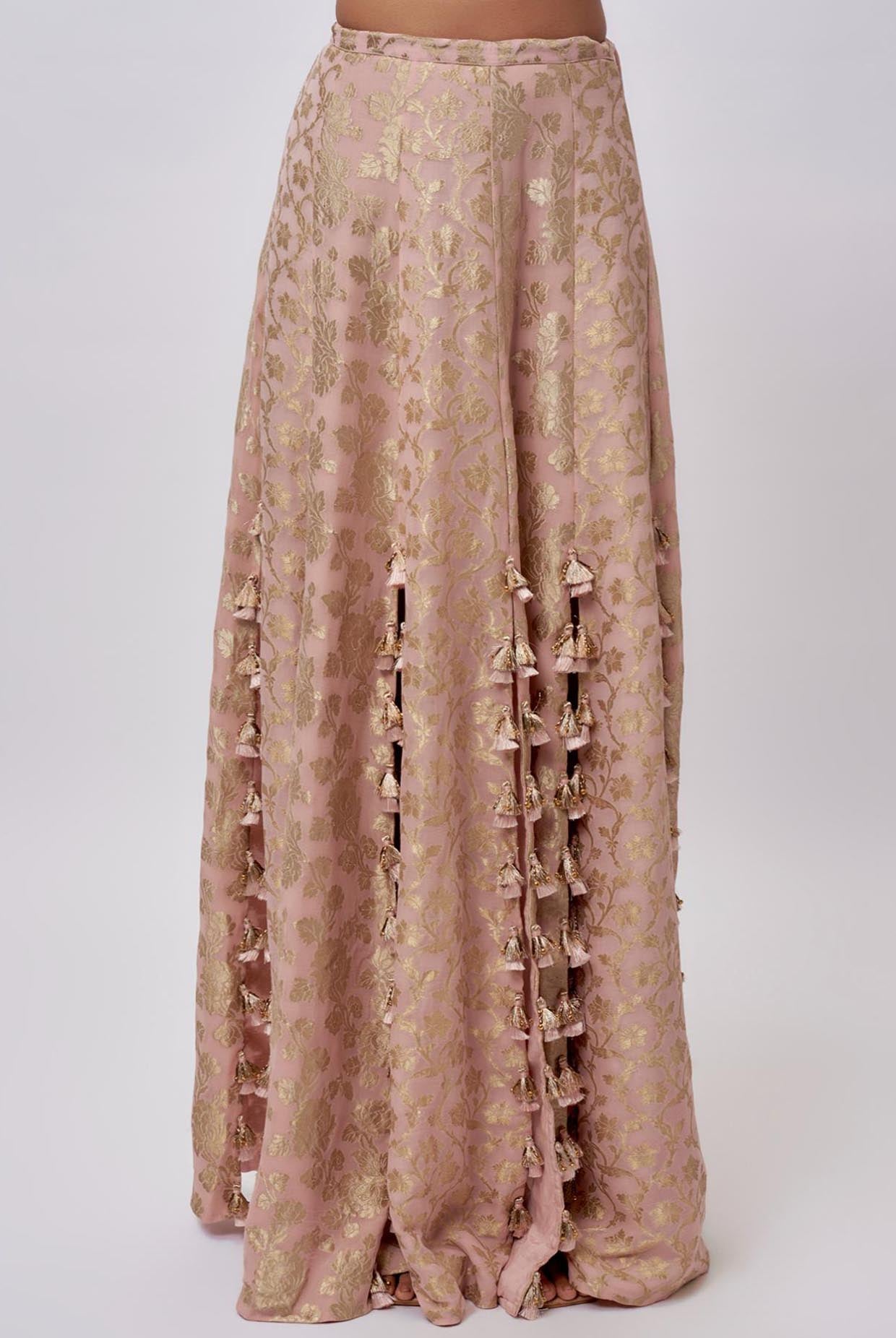 Blush Pink Velvet Embroidered Yoke Bib With Brocade Silk Bustier And Skirt