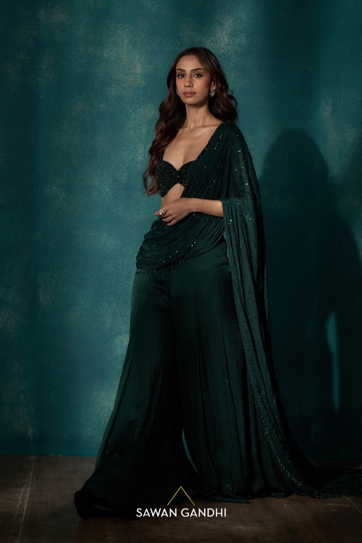 bottle green sharara dress drape set Long ruched gown with peek-a-boo beaded bodice and slit. Long strapless metallic gown by Sherri Hill.