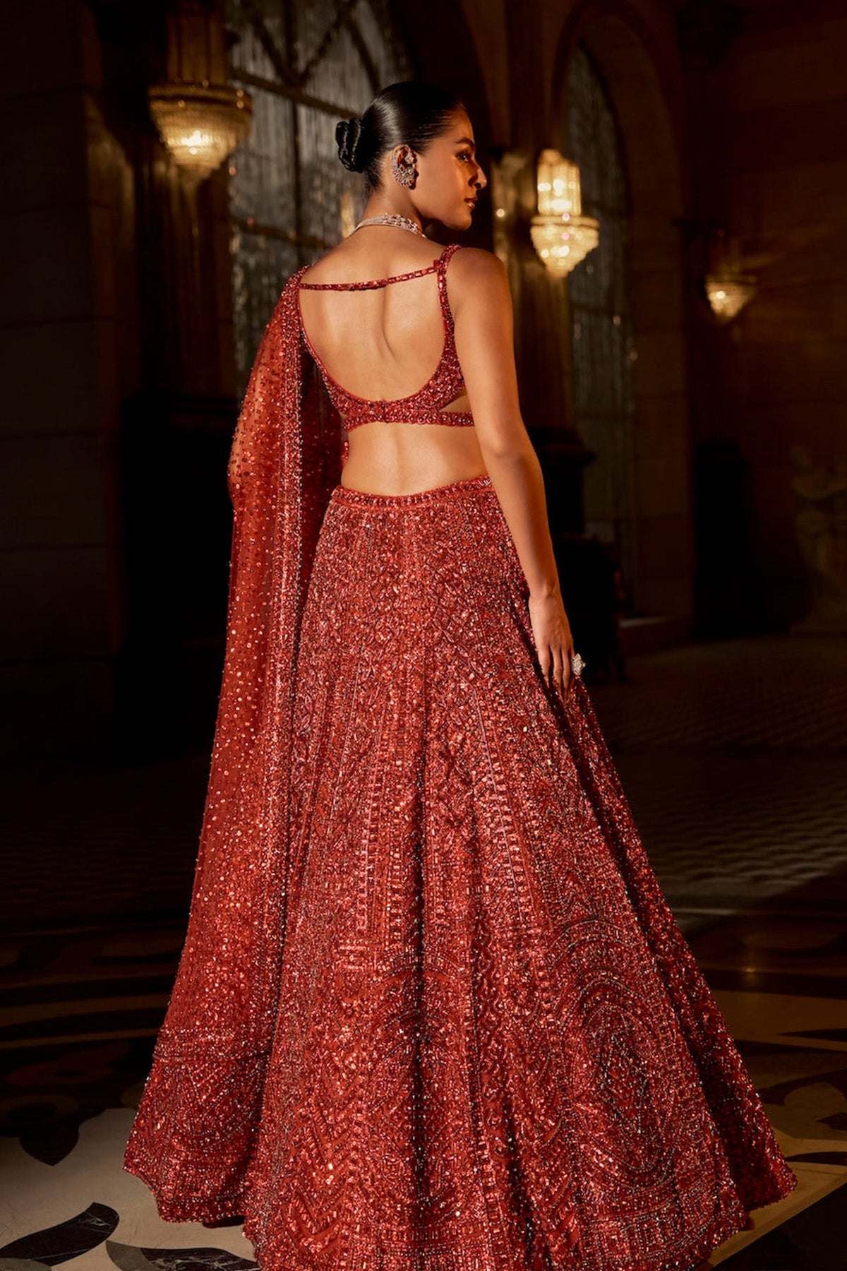 Brick Red Crystal Lehenga Set
