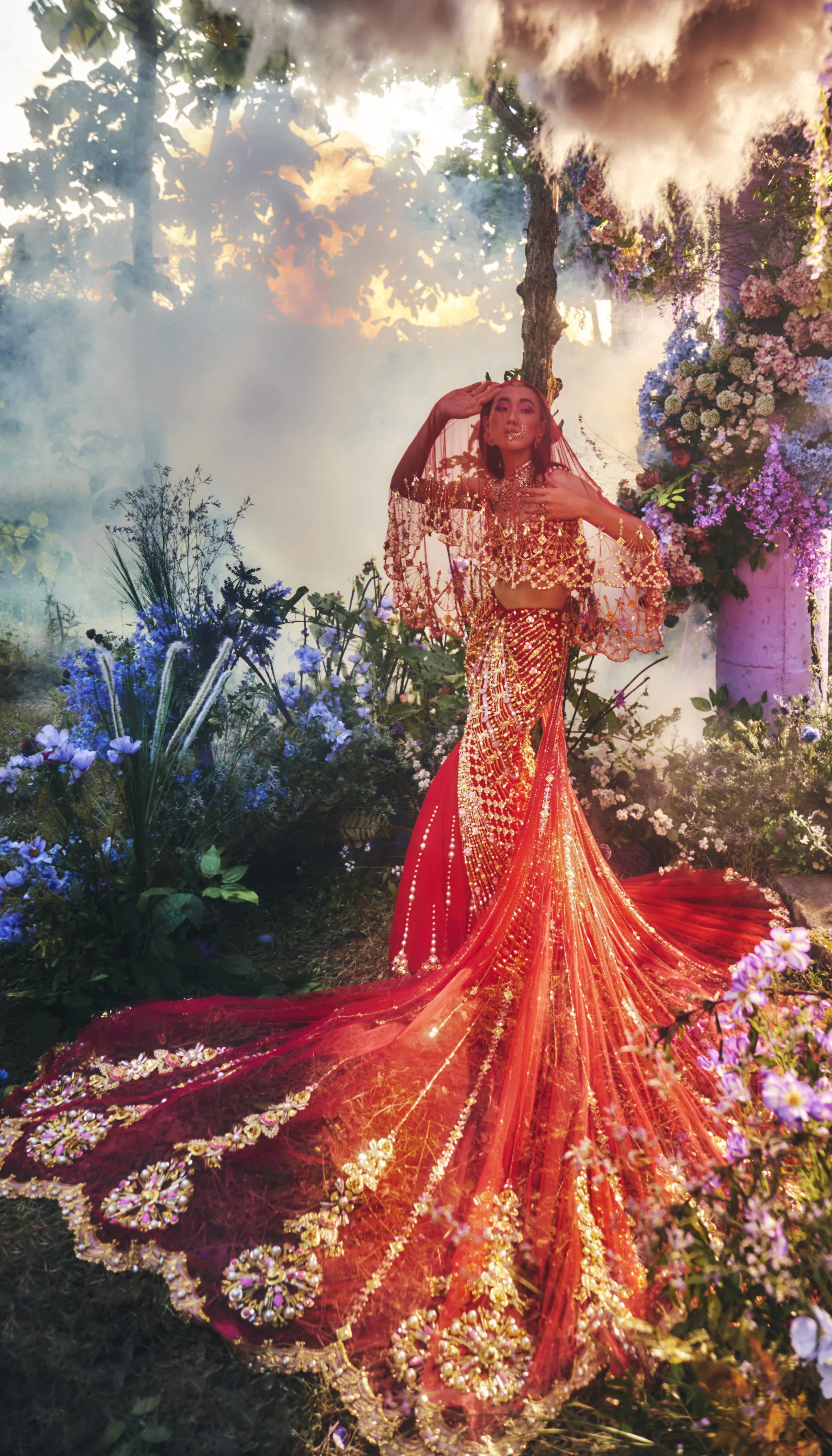 PORTIA - FIERY RED MERMAID CUT LEHENGA SET