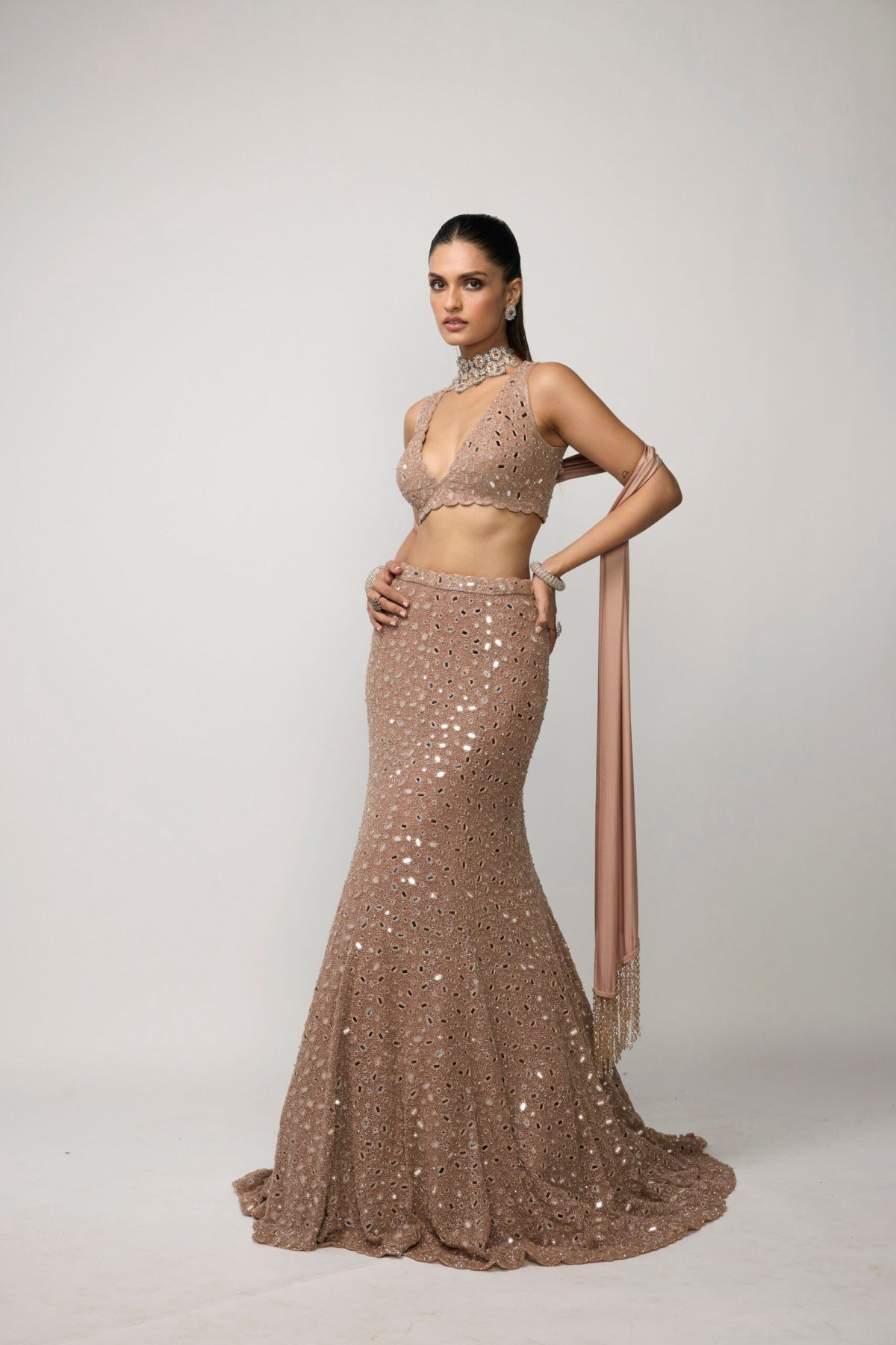 Bronze Rose Fishcut Lehenga Set