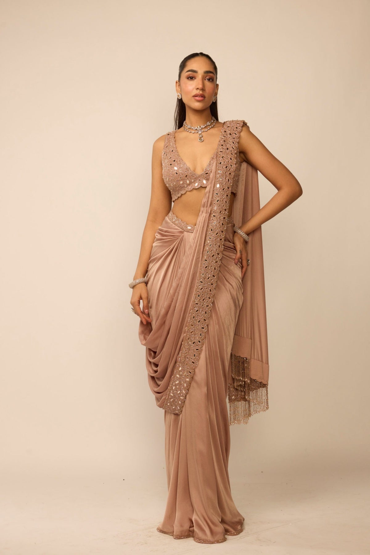 Bronze Rose Satin Draped Saree Set
