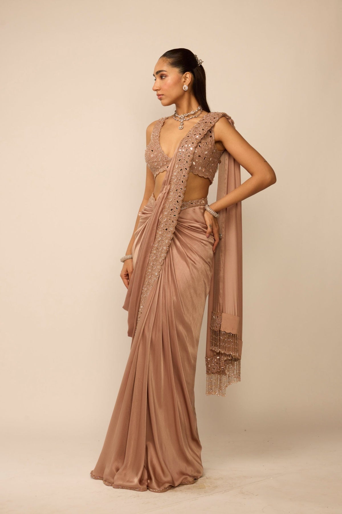 Bronze Rose Satin Draped Saree Set